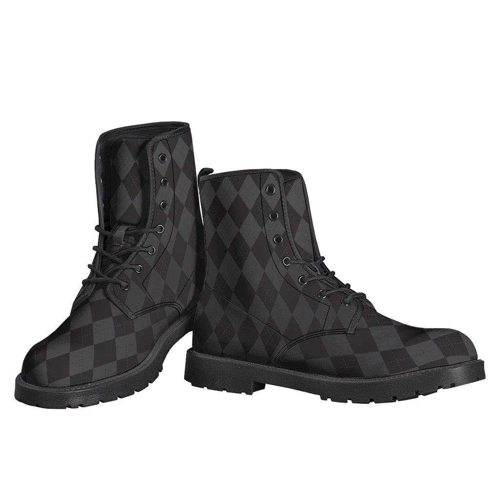 Groovy Black and Grey Argyle Pattern Leather Boots for Modern Hippies - 3