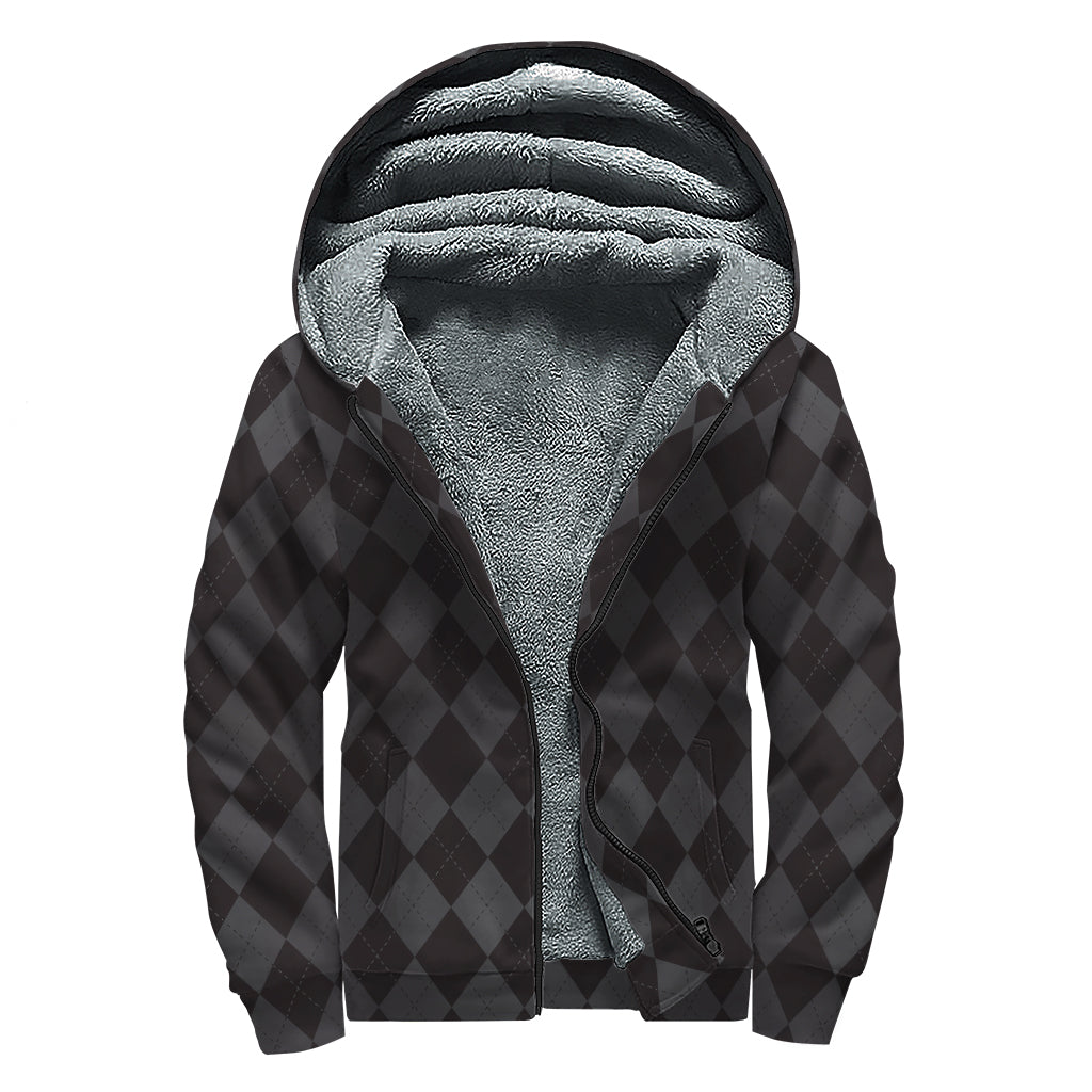 Groovy Black and Grey Argyle Sherpa-Lined Zip Up Hoodie for Free-Spirited Hippies - 1