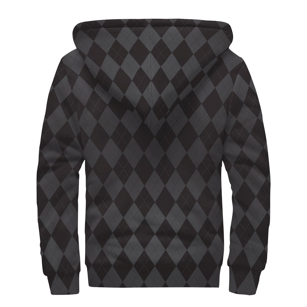 Groovy Black and Grey Argyle Sherpa-Lined Zip Up Hoodie for Free-Spirited Hippies - 2