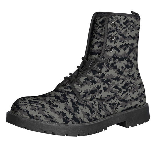 Get Groovy in Black and Grey Digital Camo Print Leather Boots! - 1