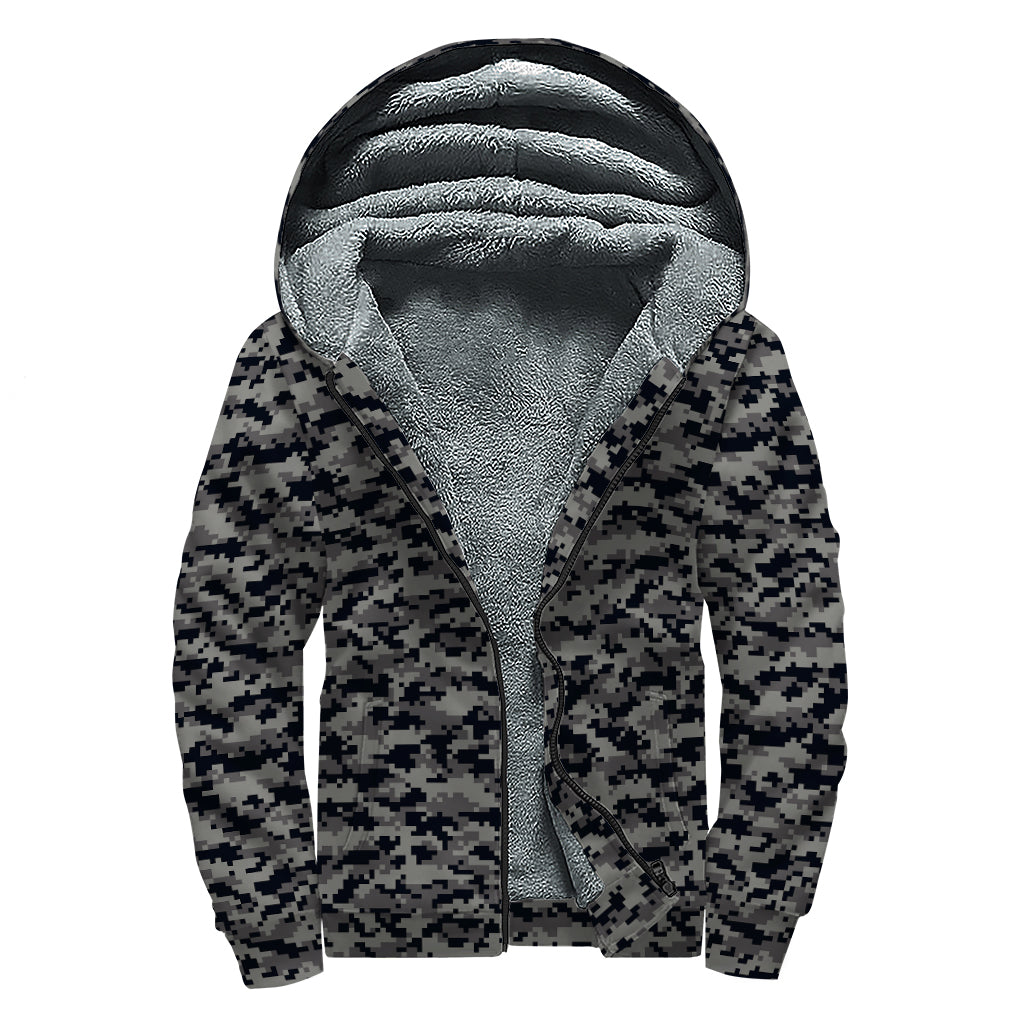 Bohemian Bliss: Black and Grey Digital Camo Print Sherpa Lined Zip Up Hoodie for Free-Spirited Hippies - 1