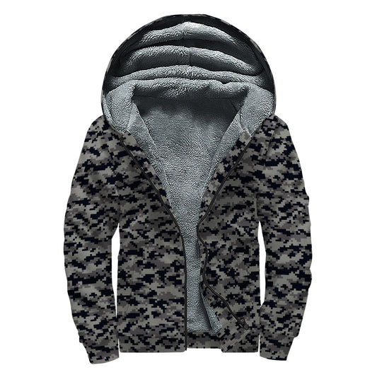 Bohemian Bliss: Black and Grey Digital Camo Print Sherpa Lined Zip Up Hoodie for Free-Spirited Hippies - 1