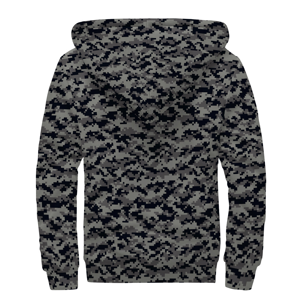 Bohemian Bliss: Black and Grey Digital Camo Print Sherpa Lined Zip Up Hoodie for Free-Spirited Hippies - 2