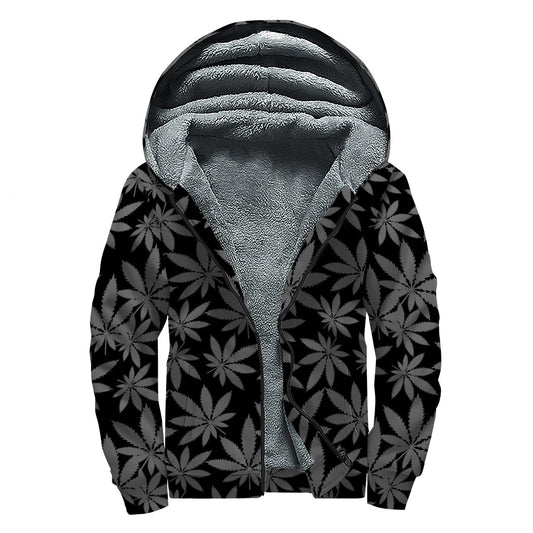 Groovy Pot Leaf Pattern Sherpa Lined Zip Up Hoodie - 1