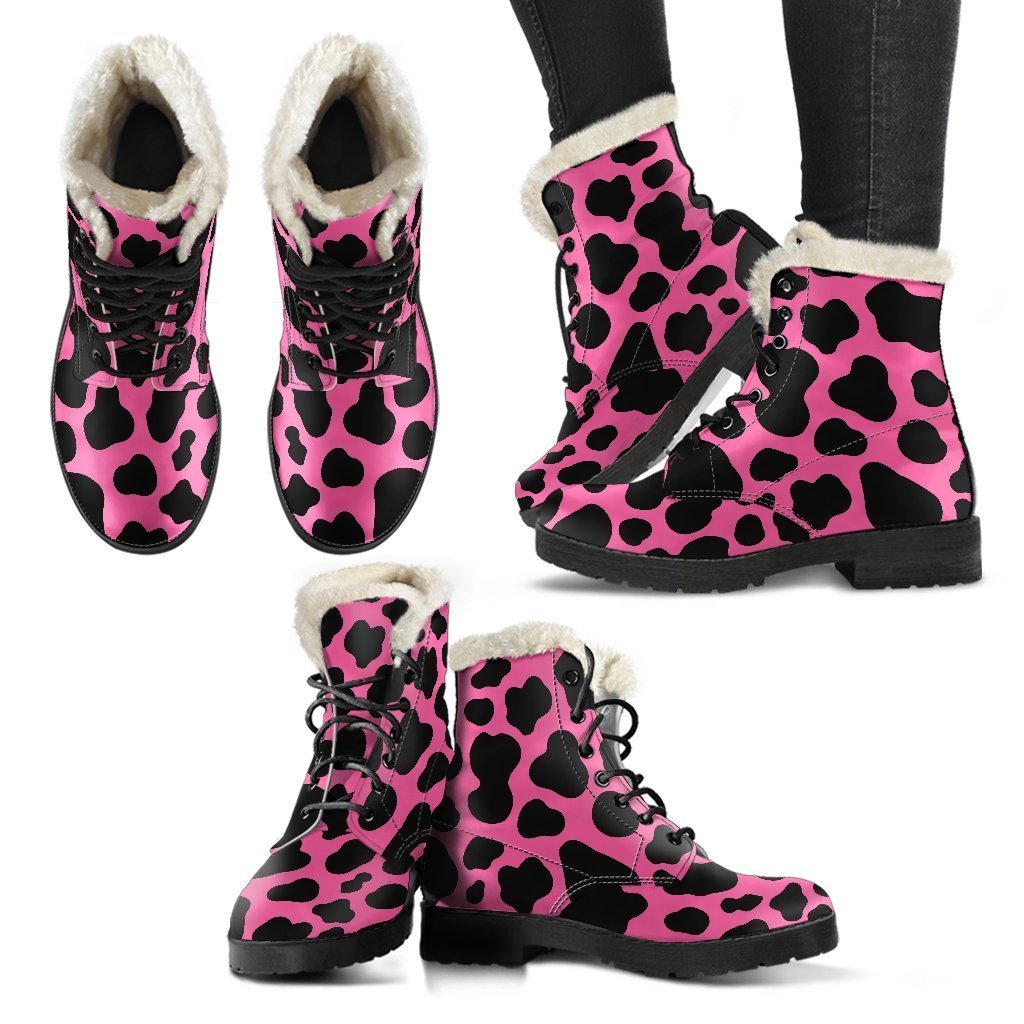 Boho Babe Black and Hot Pink Cow Print Faux Fur Leather Boots - 2