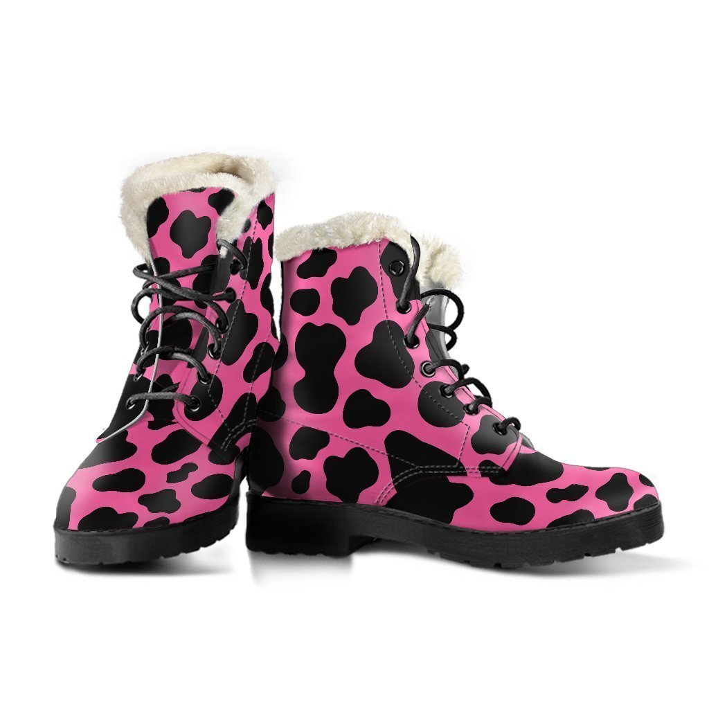 Boho Babe Black and Hot Pink Cow Print Faux Fur Leather Boots - 3