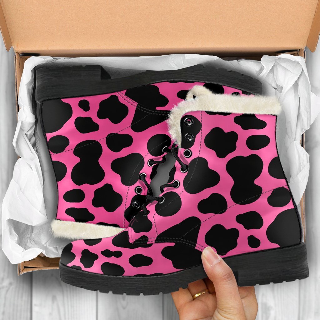 Boho Babe Black and Hot Pink Cow Print Faux Fur Leather Boots - 5