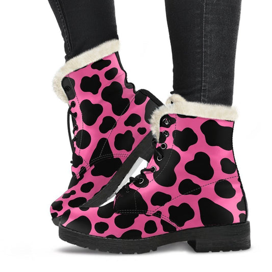 Boho Babe Black and Hot Pink Cow Print Faux Fur Leather Boots - 1