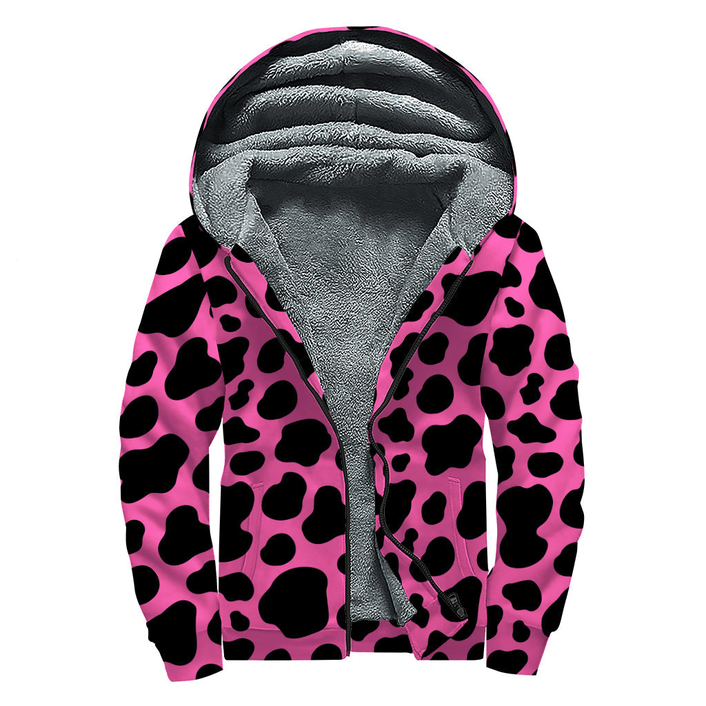 Groovy Vibes: Black and Hot Pink Cow Print Sherpa Lined Zip Up Hoodie - 1