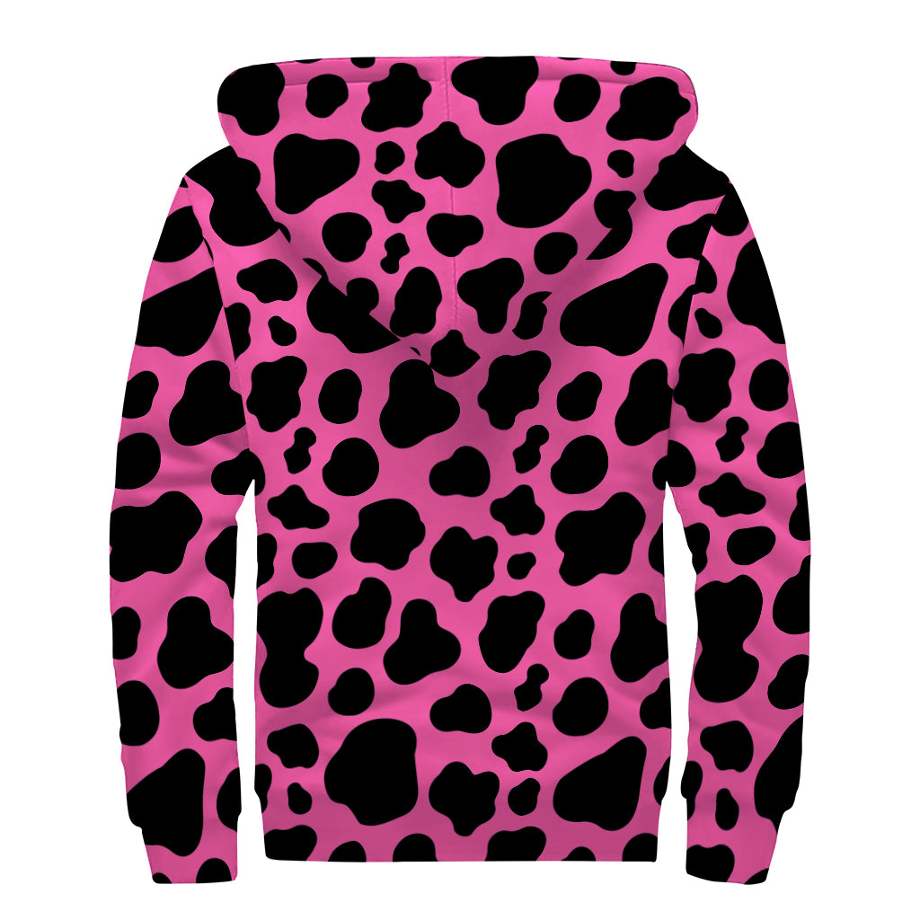 Groovy Vibes: Black and Hot Pink Cow Print Sherpa Lined Zip Up Hoodie - 2