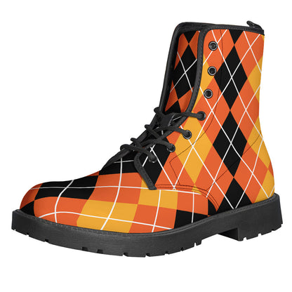 Groovy Patterns: Black and Orange Argyle Leather Lightweight Boots for Trendy Hippies - 1