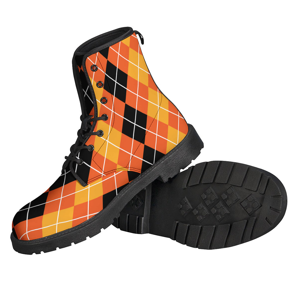 Groovy Patterns: Black and Orange Argyle Leather Lightweight Boots for Trendy Hippies - 2