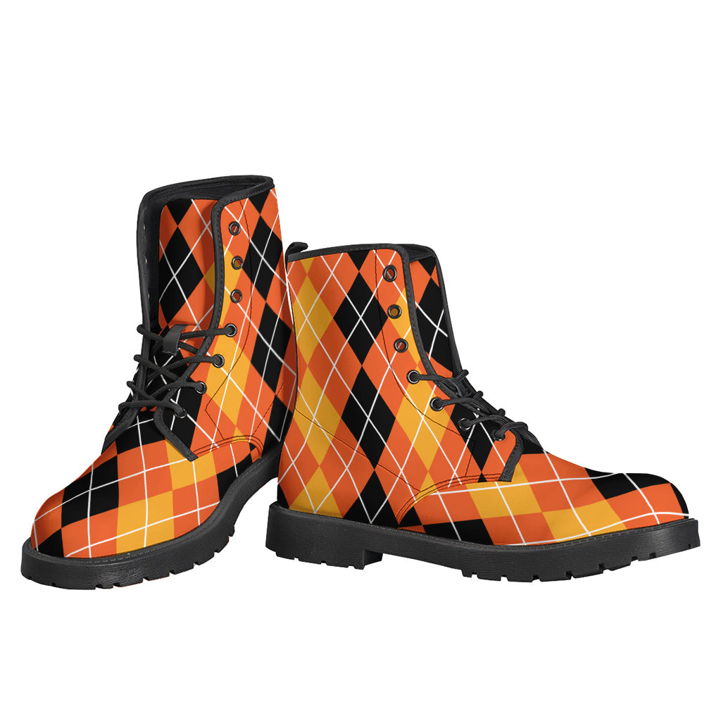 Groovy Patterns: Black and Orange Argyle Leather Lightweight Boots for Trendy Hippies - 3