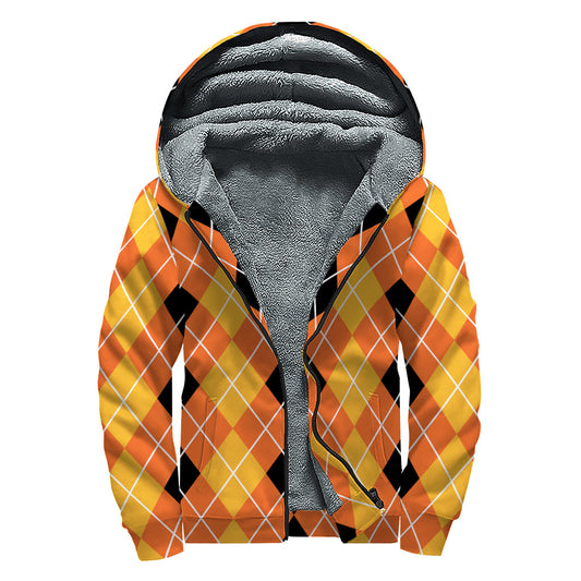 Groovy Black and Orange Argyle Pattern Sherpa Lined Zip Up Hoodie for the Modern Hippie - 1