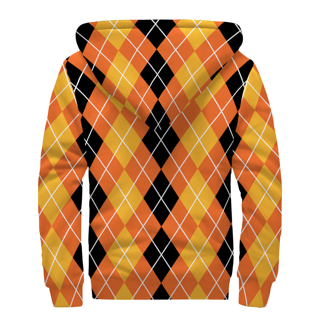 Groovy Black and Orange Argyle Pattern Sherpa Lined Zip Up Hoodie for the Modern Hippie - 2