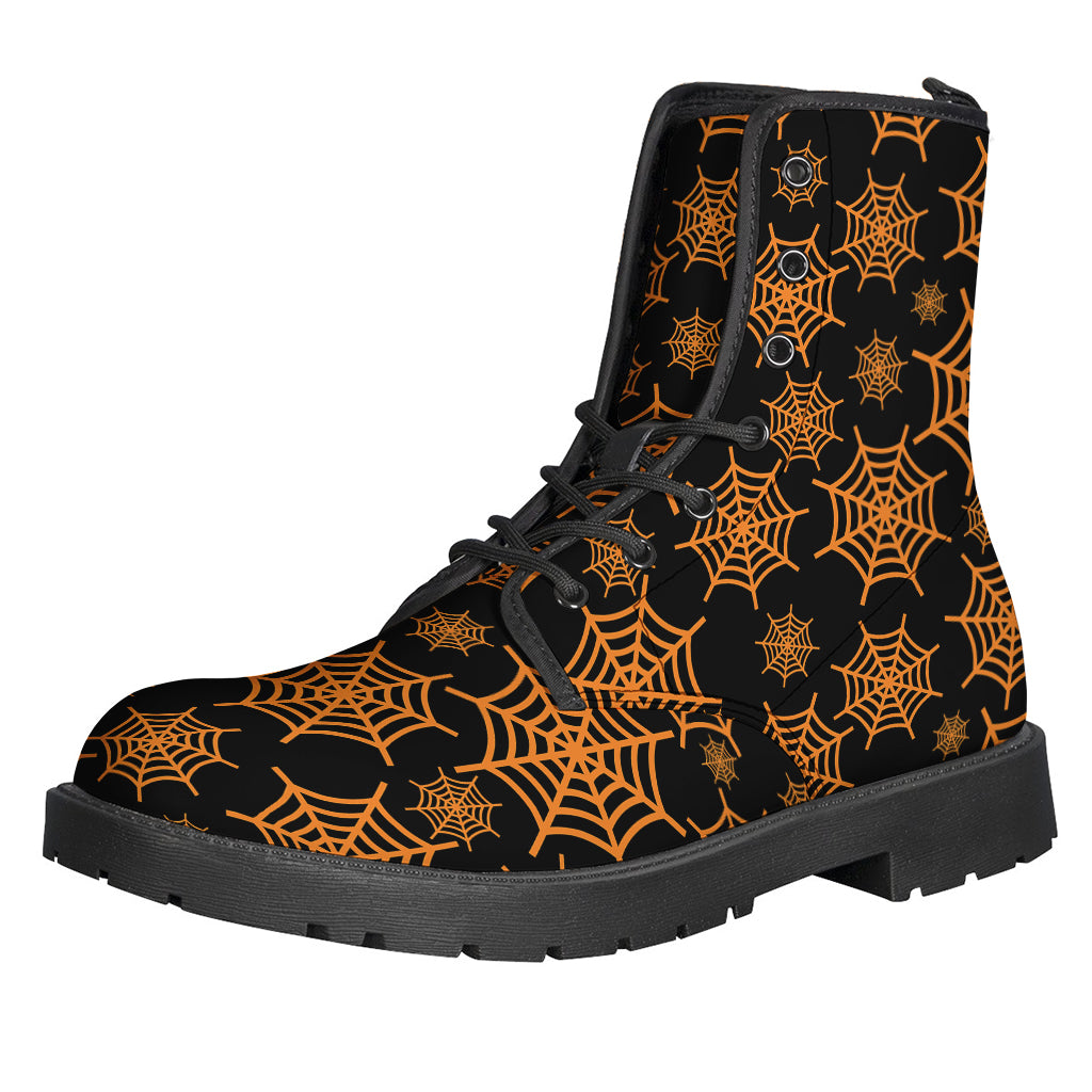 Black and Orange Spider Web Printed Leather Boots for Groovy Hippies - 1