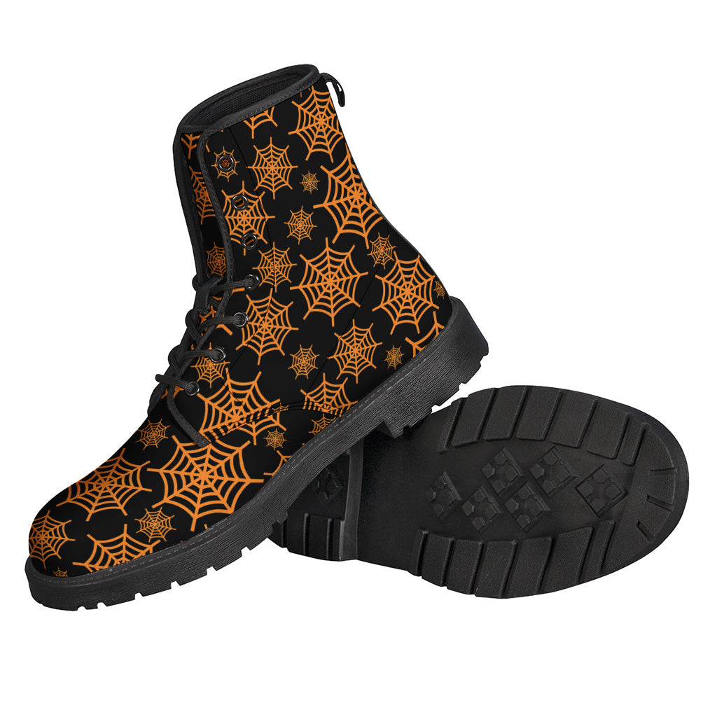 Black and Orange Spider Web Printed Leather Boots for Groovy Hippies - 2