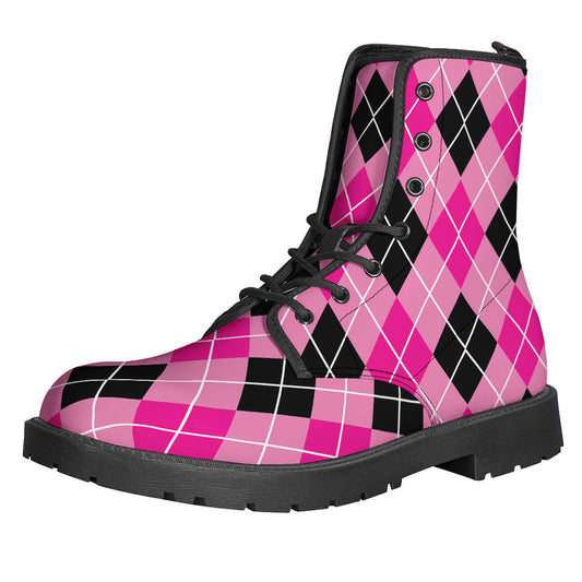 Groovy Black and Pink Argyle Pattern Leather Boots for the Free-Spirited Hippie - 1