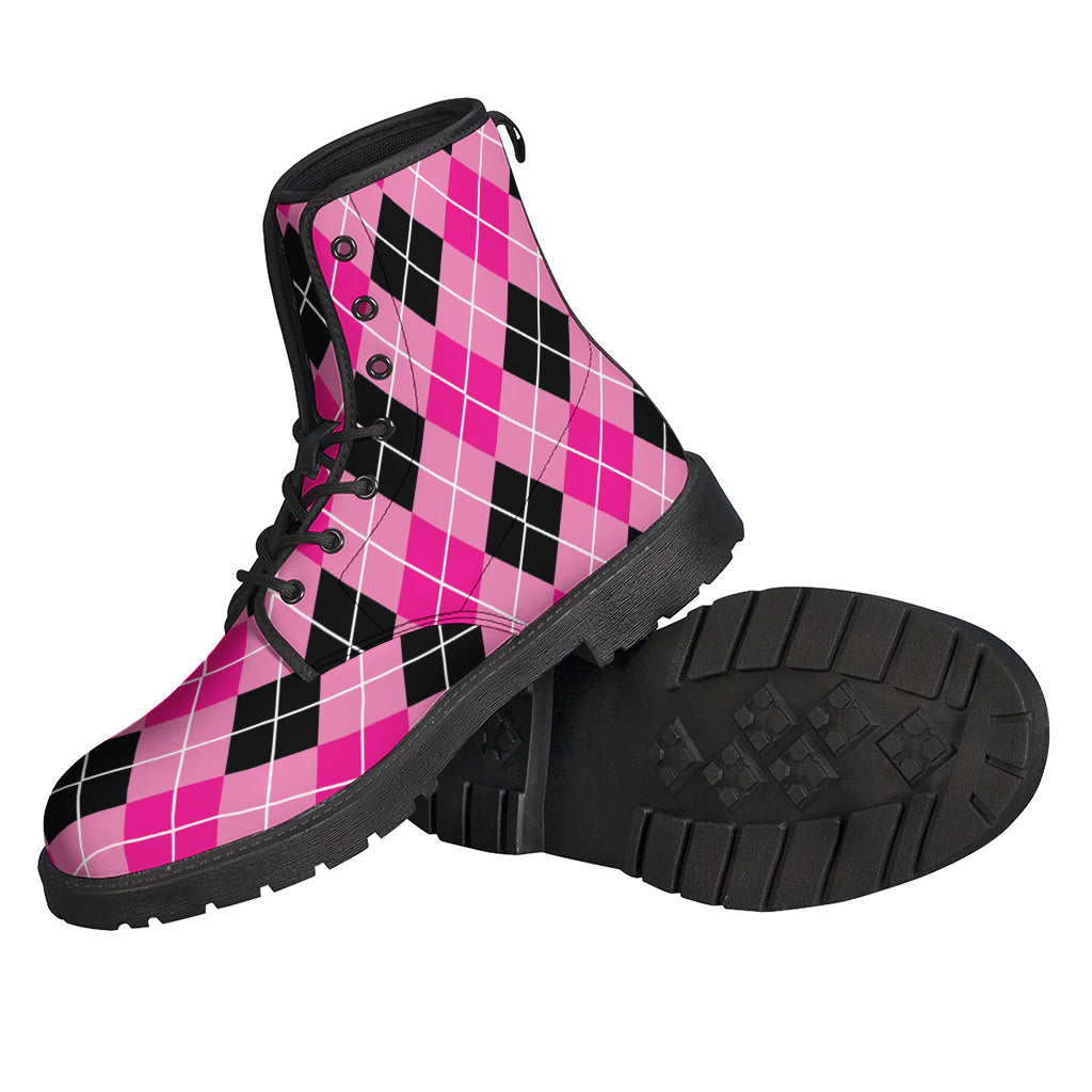 Groovy Black and Pink Argyle Pattern Leather Boots for the Free-Spirited Hippie - 2