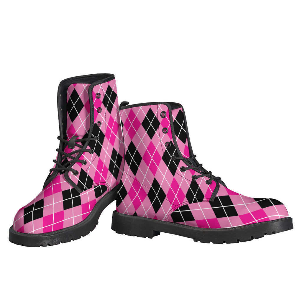 Groovy Black and Pink Argyle Pattern Leather Boots for the Free-Spirited Hippie - 3