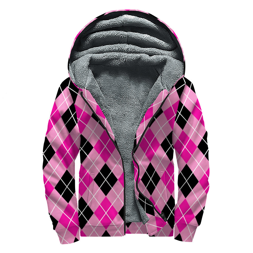 Groovy Black and Pink Argyle Sherpa-Lined Zip Up Hoodie for Peace-Loving Hippies - 1