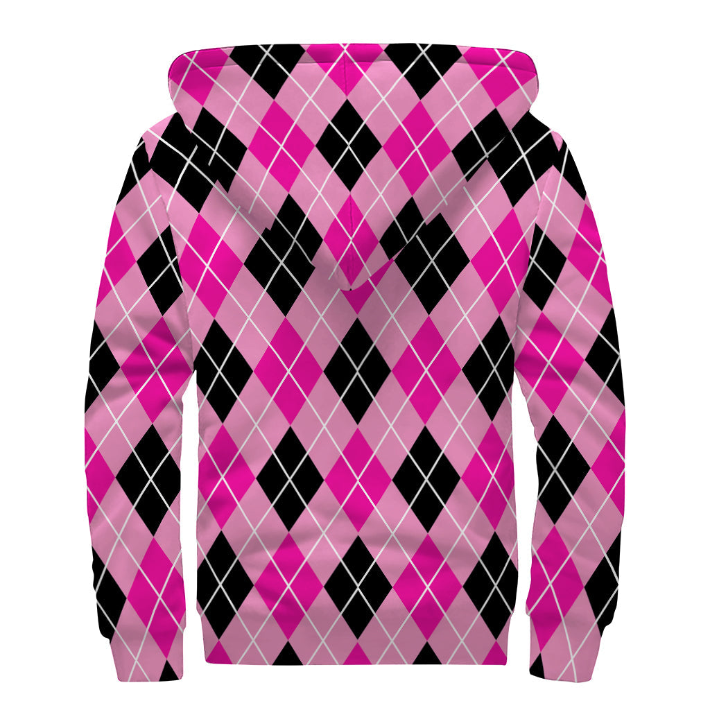 Groovy Black and Pink Argyle Sherpa-Lined Zip Up Hoodie for Peace-Loving Hippies - 2