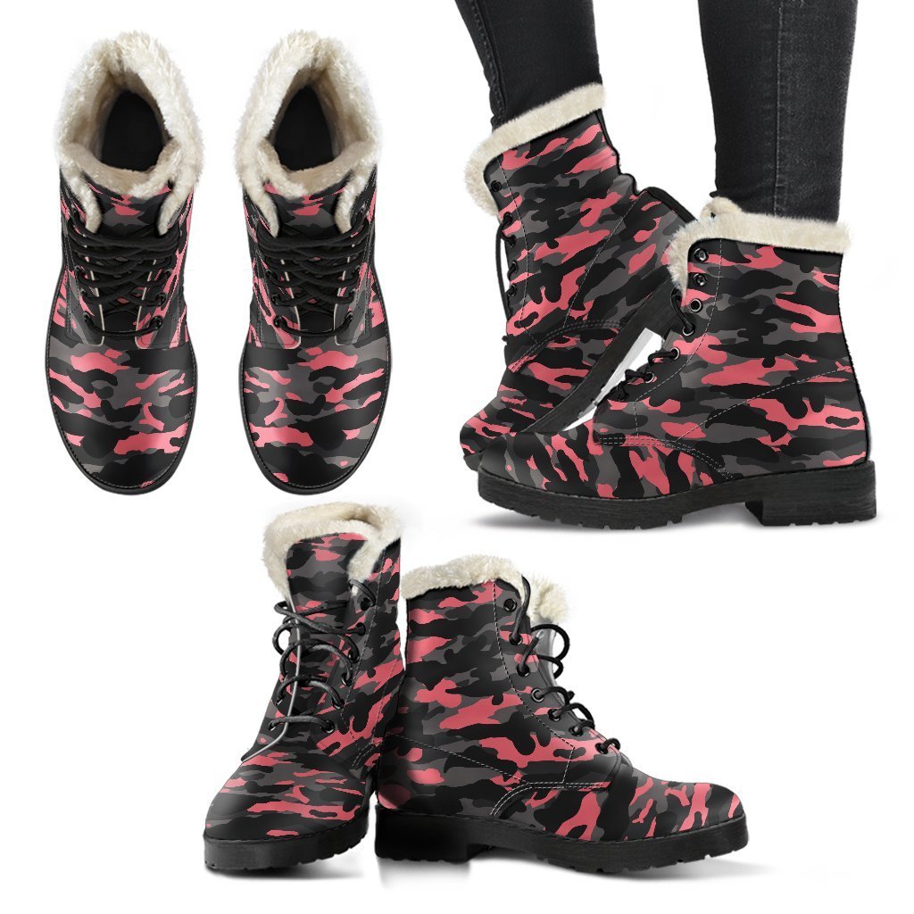 Black and Pink Camouflage Faux Fur Leather Boots for Groovy Hippies - 2