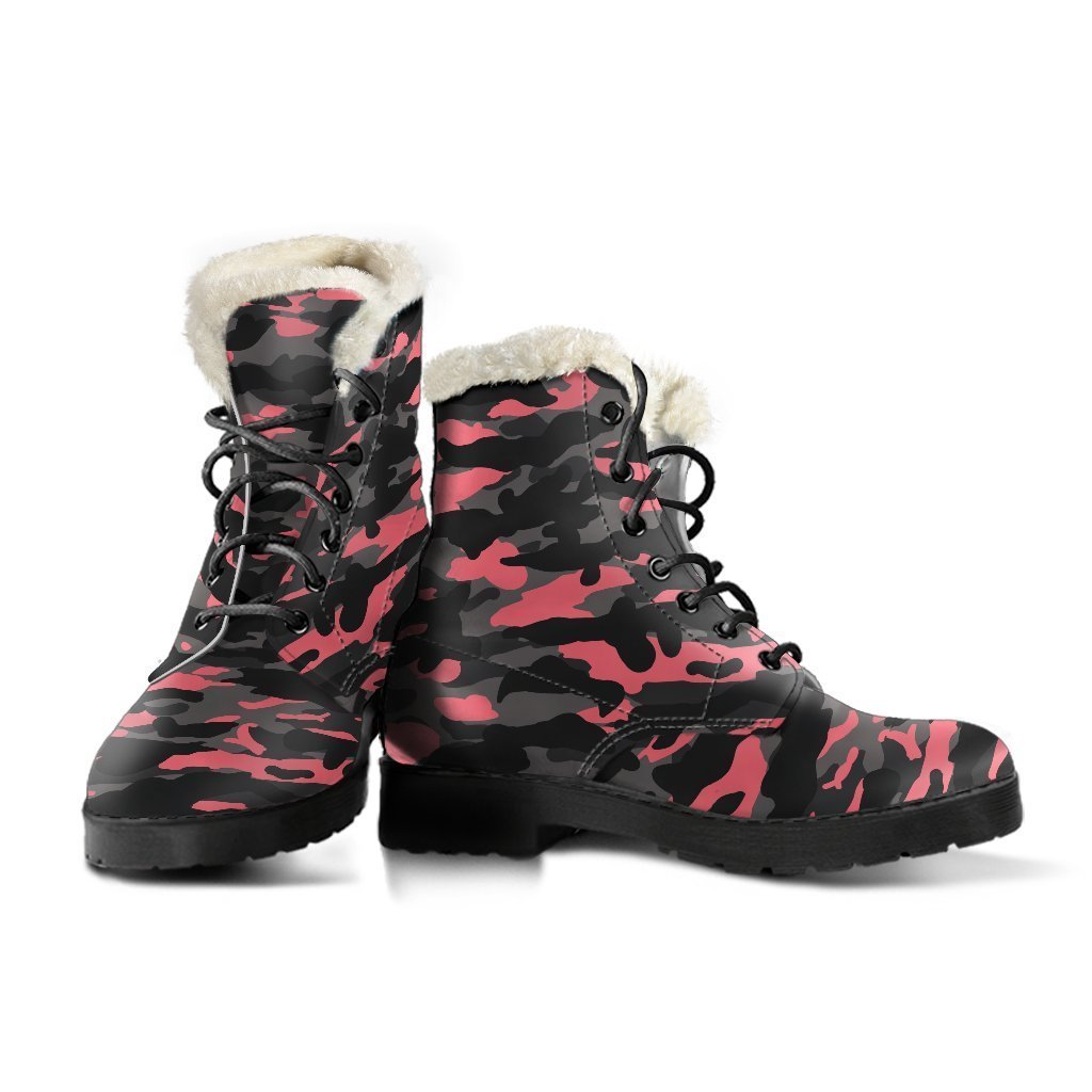 Black and Pink Camouflage Faux Fur Leather Boots for Groovy Hippies - 3