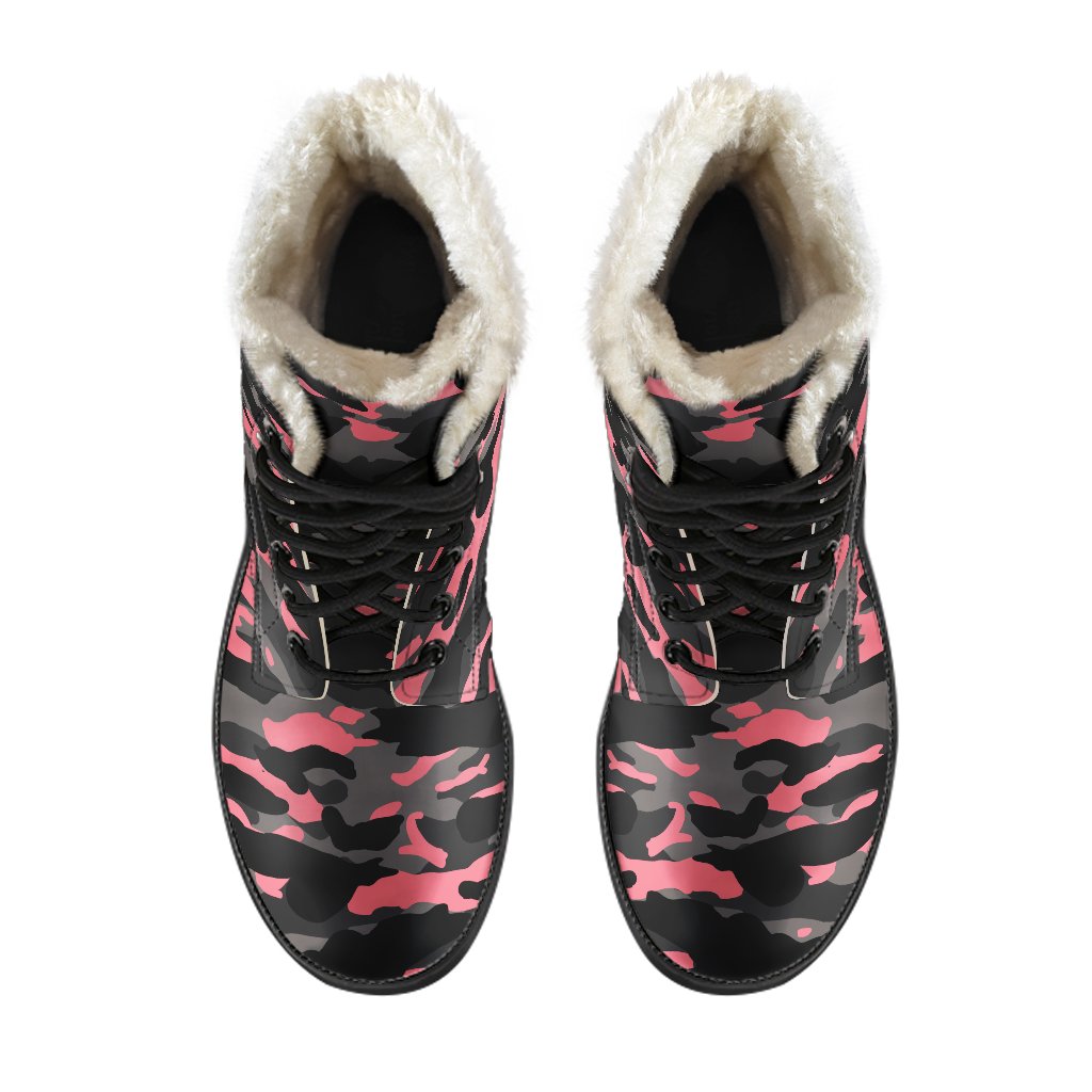 Black and Pink Camouflage Faux Fur Leather Boots for Groovy Hippies - 4