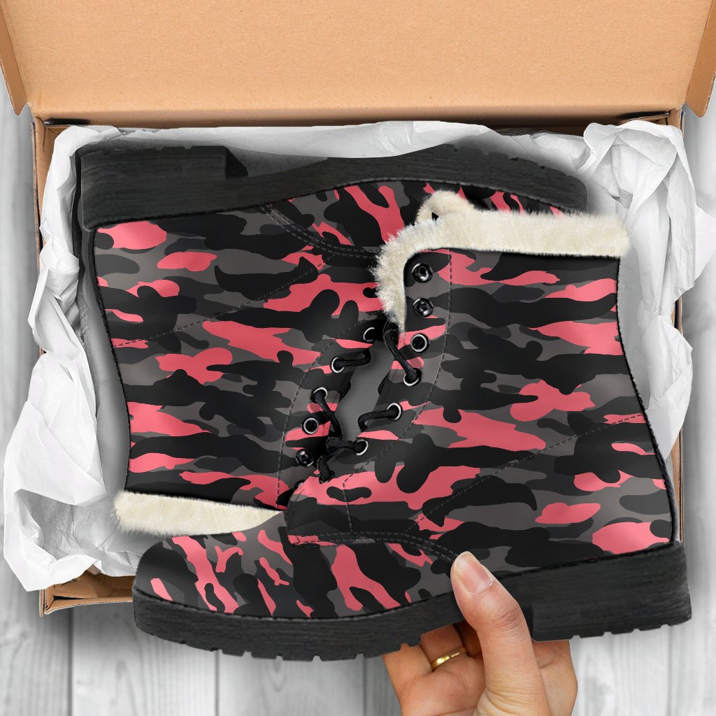 Black and Pink Camouflage Faux Fur Leather Boots for Groovy Hippies - 5