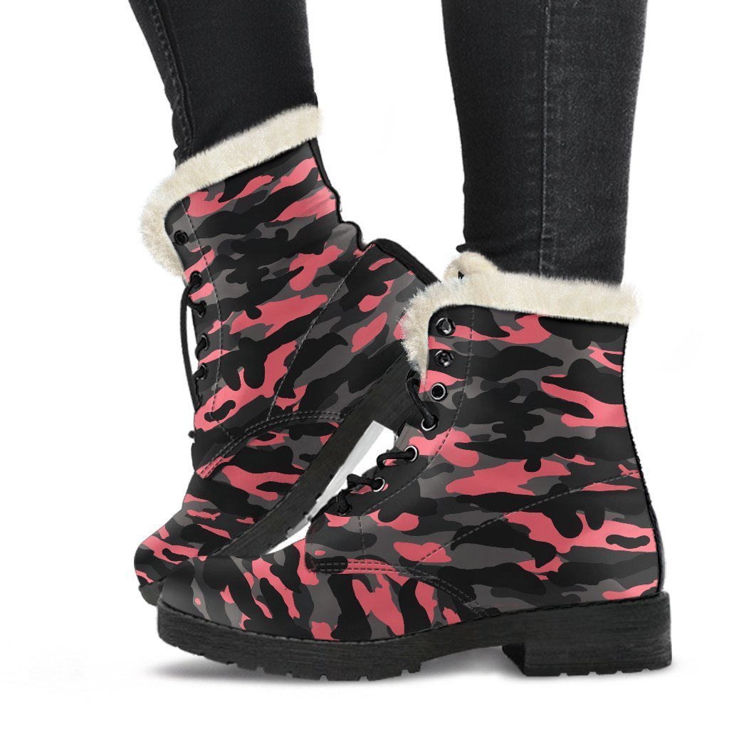 Black and Pink Camouflage Faux Fur Leather Boots for Groovy Hippies - 1