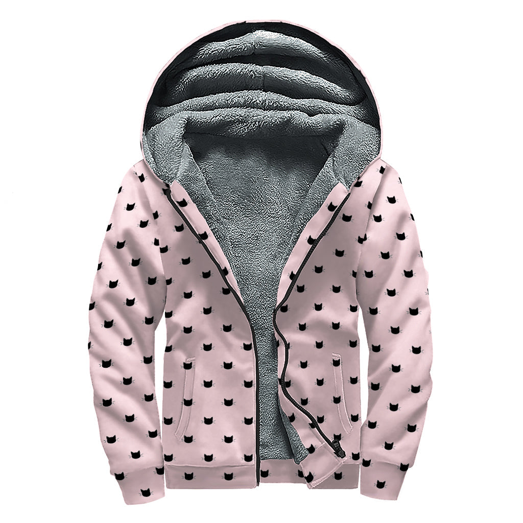 Black and Pink Cat Pattern Print Sherpa Lined Zip Up Hoodie for the Free-Spirited Hippie - 1