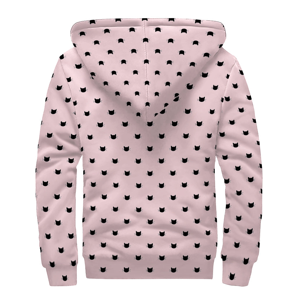 Black and Pink Cat Pattern Print Sherpa Lined Zip Up Hoodie for the Free-Spirited Hippie - 2