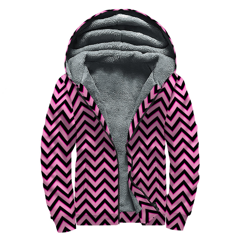 Groovy Black and Pink Chevron Sherpa-Lined Hoodie for the Free-Spirited Hippie - 1