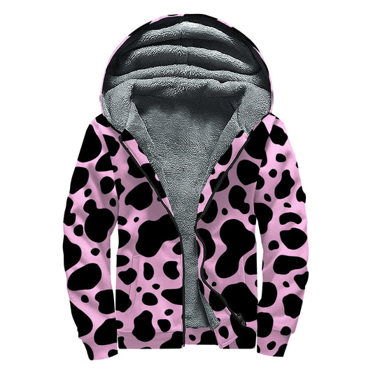 Groovy Vibes: Black and Pink Cow Print Sherpa Lined Zip Up Hoodie for Modern Hippies - 1