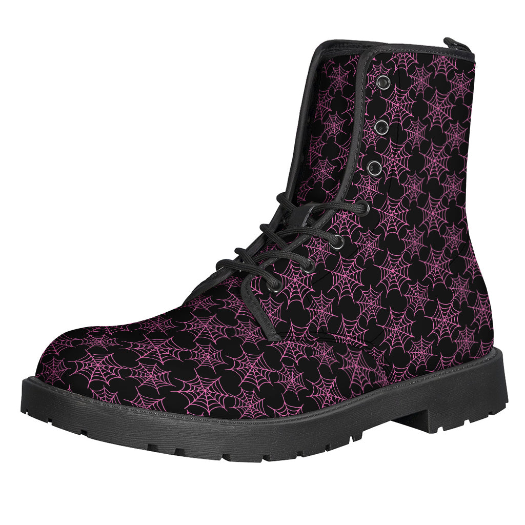 Black and Pink Spider Web Pattern Print Leather Lightweight Boots for Bohemian Babes - 1