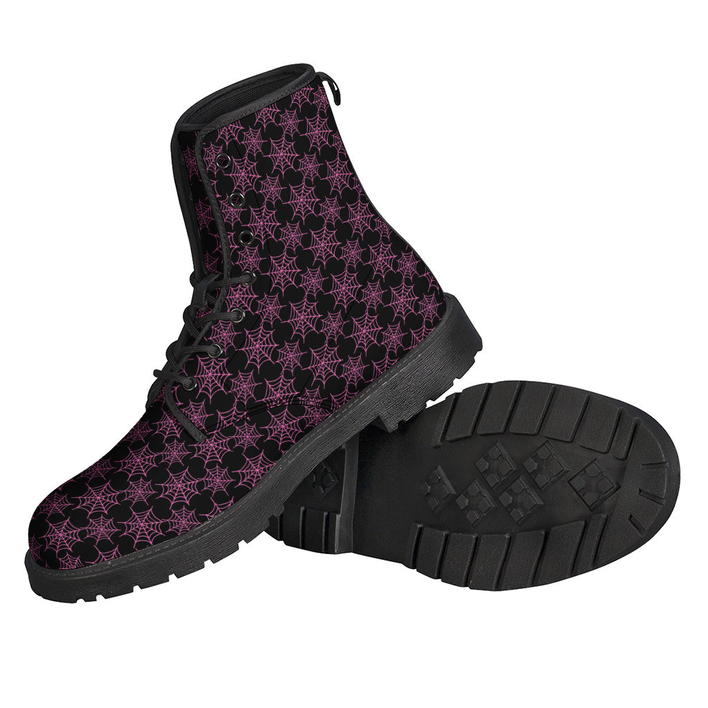 Black and Pink Spider Web Pattern Print Leather Lightweight Boots for Bohemian Babes - 2