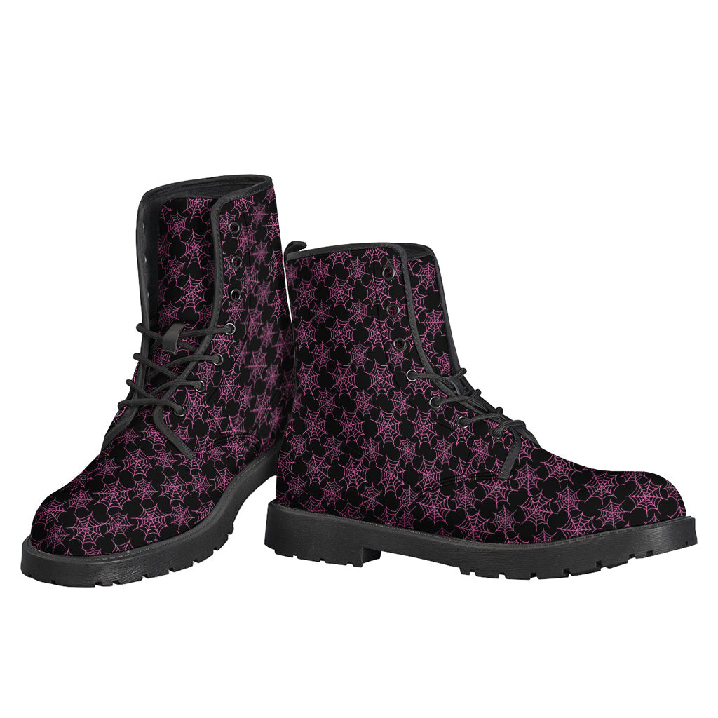 Black and Pink Spider Web Pattern Print Leather Lightweight Boots for Bohemian Babes - 3