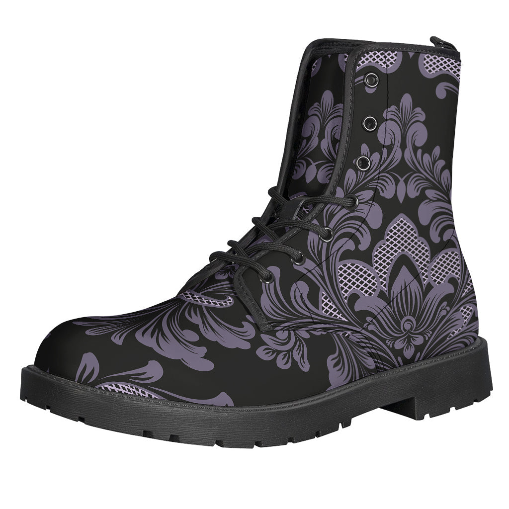 Groovy Vibes: Black and Purple Damask Pattern Leather Boots for the Free-Spirited Hippie - 1