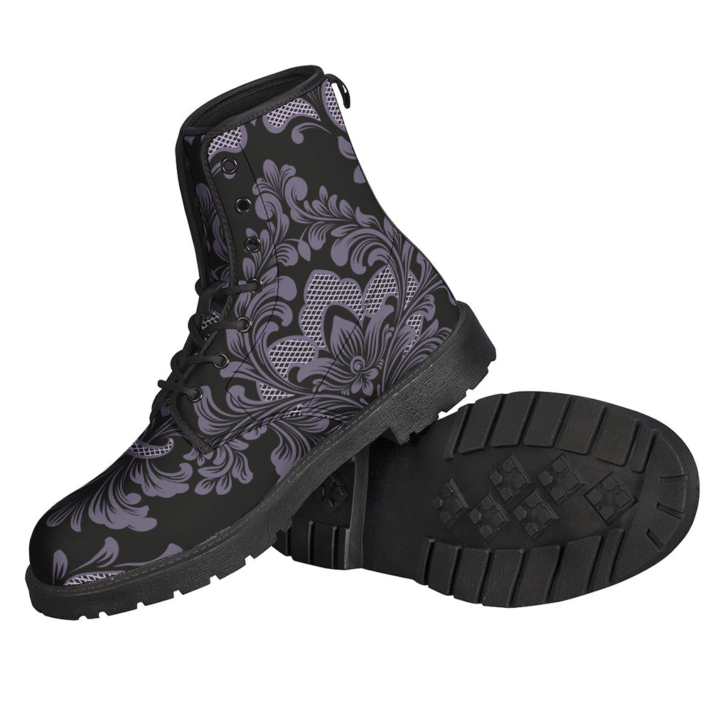 Groovy Vibes: Black and Purple Damask Pattern Leather Boots for the Free-Spirited Hippie - 2