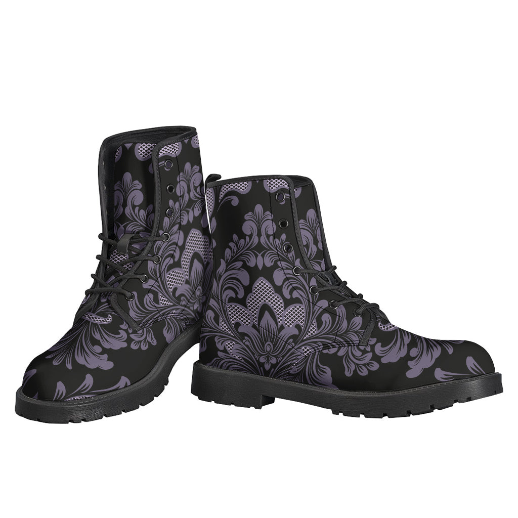 Groovy Vibes: Black and Purple Damask Pattern Leather Boots for the Free-Spirited Hippie - 3