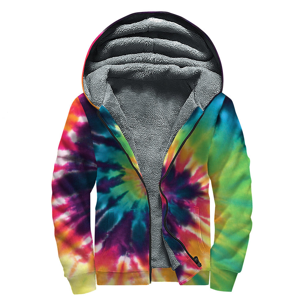 Black and Rainbow Tie Dye Sherpa Lined Zip Up Hoodie: Embrace Your Inner Hippie - 1