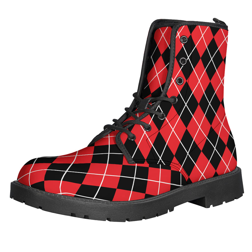 Black and Red Argyle Pattern Leather Lightweight Boots for Stylish Hippies - 1