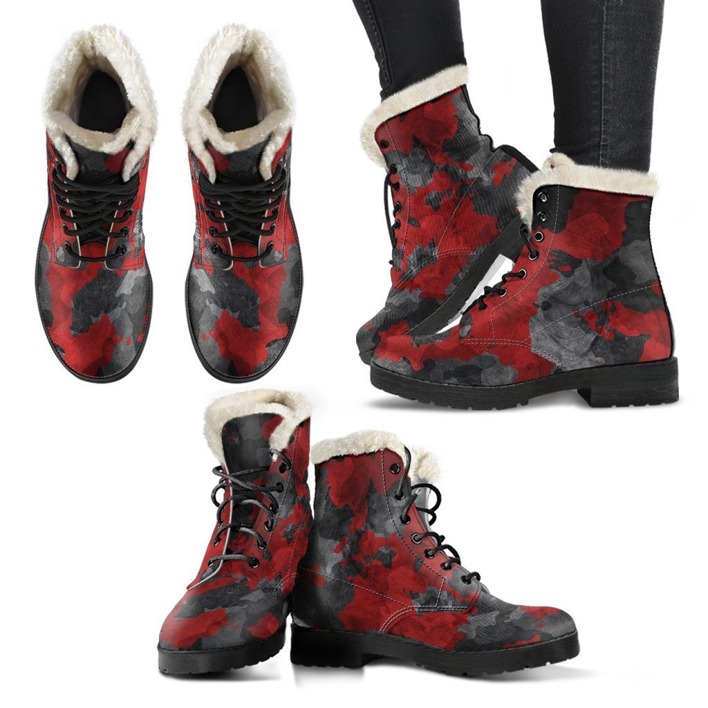 Boho Babe: Black and Red Camouflage Faux Fur Leather Boots for Hippie Chic Style - 2