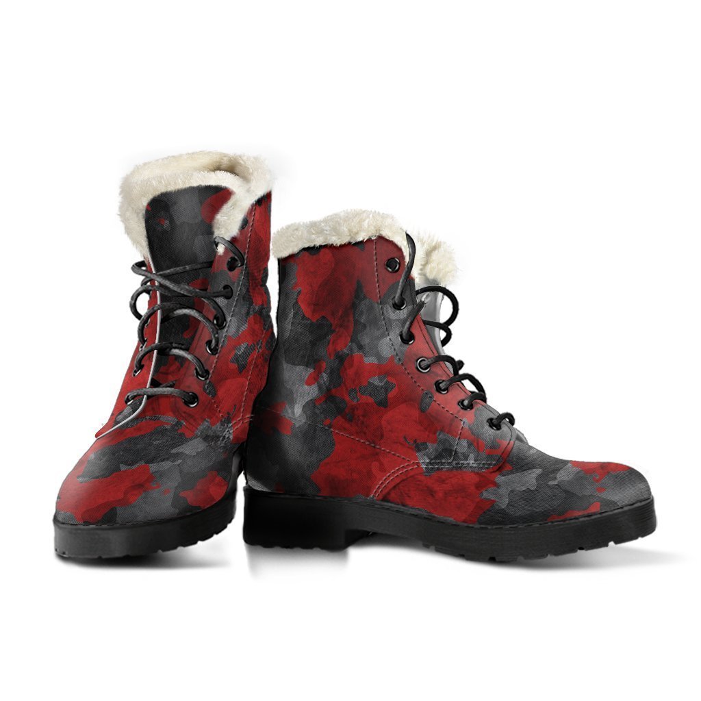 Boho Babe: Black and Red Camouflage Faux Fur Leather Boots for Hippie Chic Style - 3