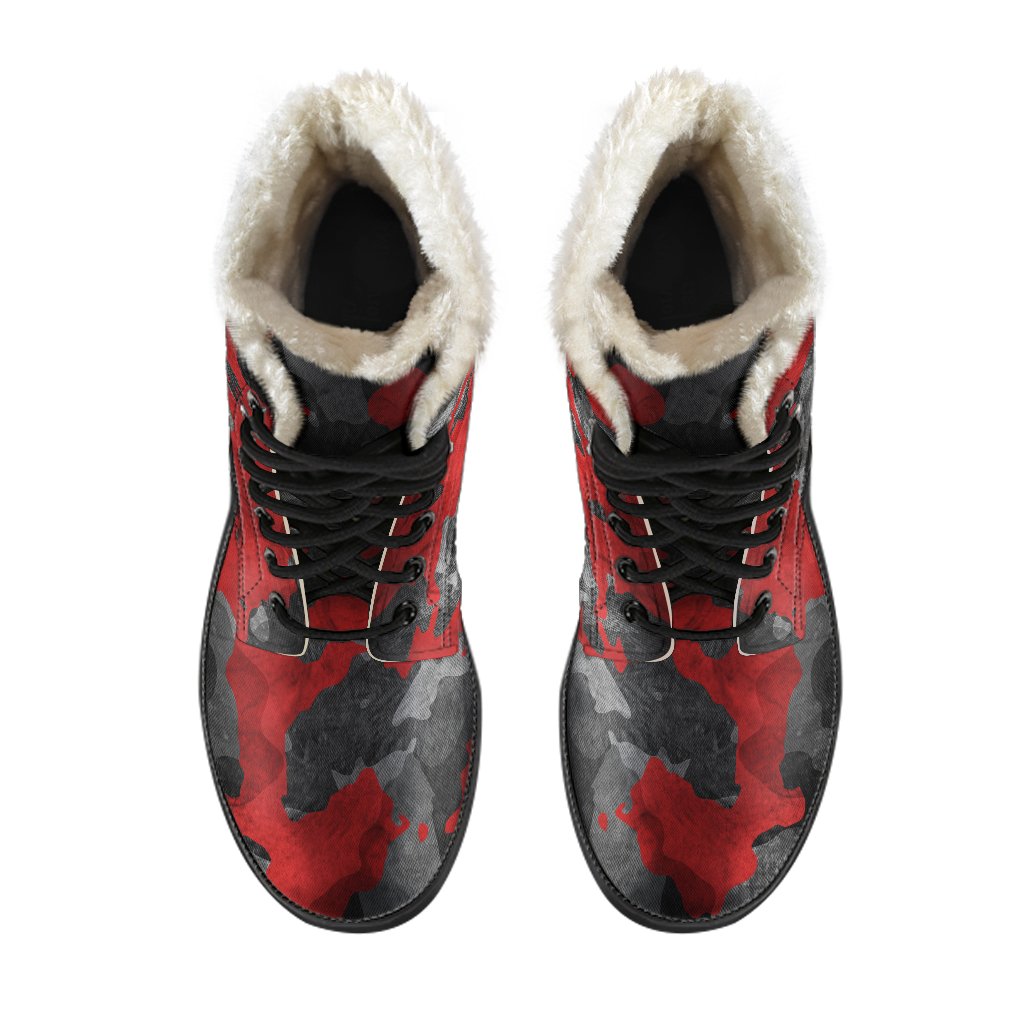 Boho Babe: Black and Red Camouflage Faux Fur Leather Boots for Hippie Chic Style - 4