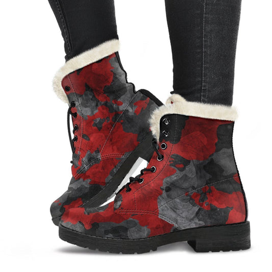 Boho Babe: Black and Red Camouflage Faux Fur Leather Boots for Hippie Chic Style - 1