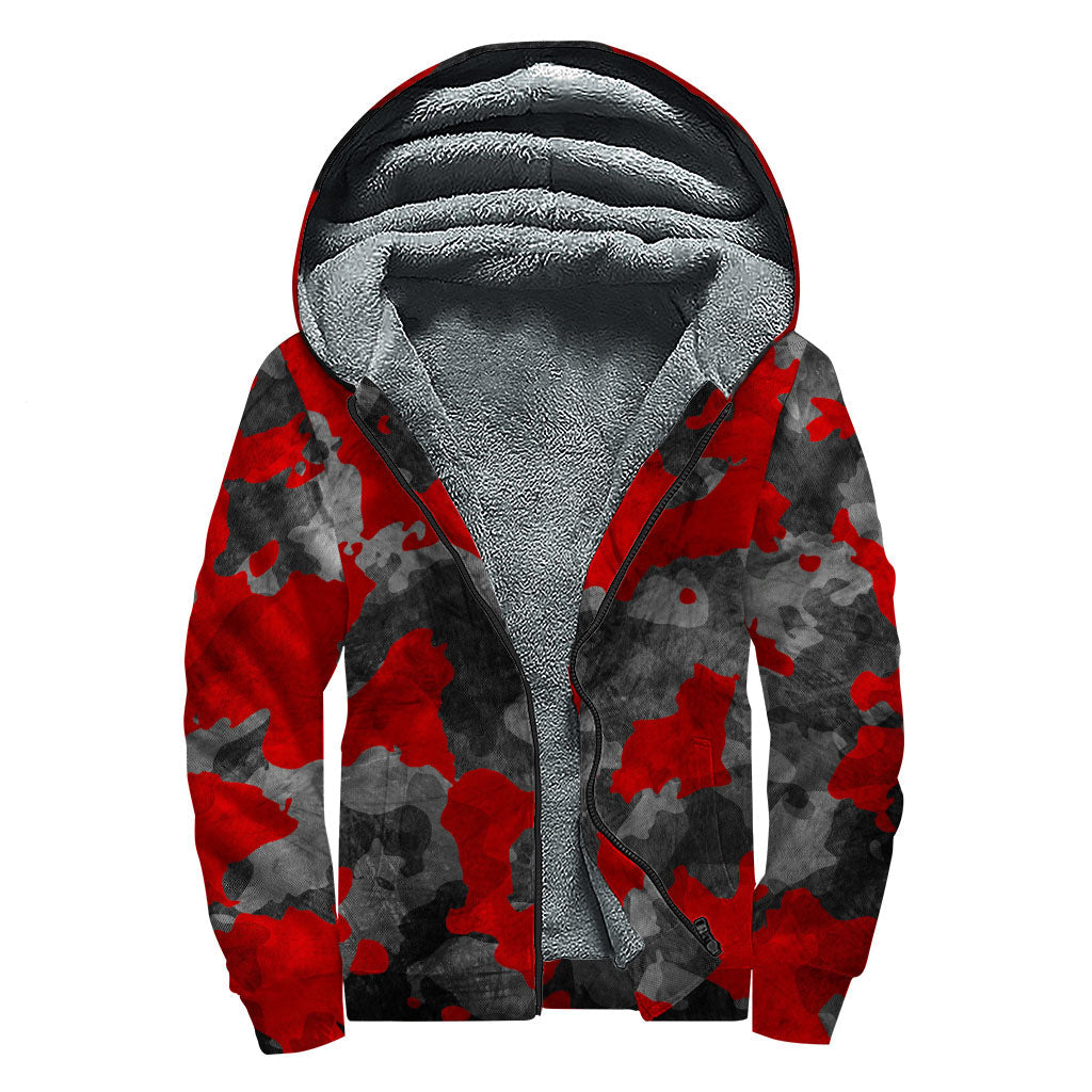 Black and Red Camouflage Print Sherpa Lined Zip Up Hoodie - Embrace Your Inner Hippie Style - 1