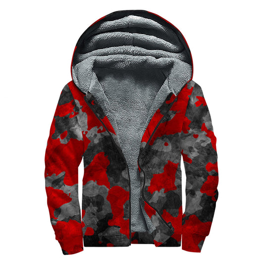 Black and Red Camouflage Print Sherpa Lined Zip Up Hoodie - Embrace Your Inner Hippie Style - 1