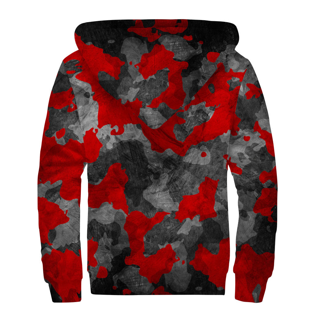 Black and Red Camouflage Print Sherpa Lined Zip Up Hoodie - Embrace Your Inner Hippie Style - 2